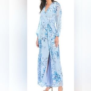 Marina Blue Floral Wrap Long Sleeve Chiffon Maxi Dress, Size 8